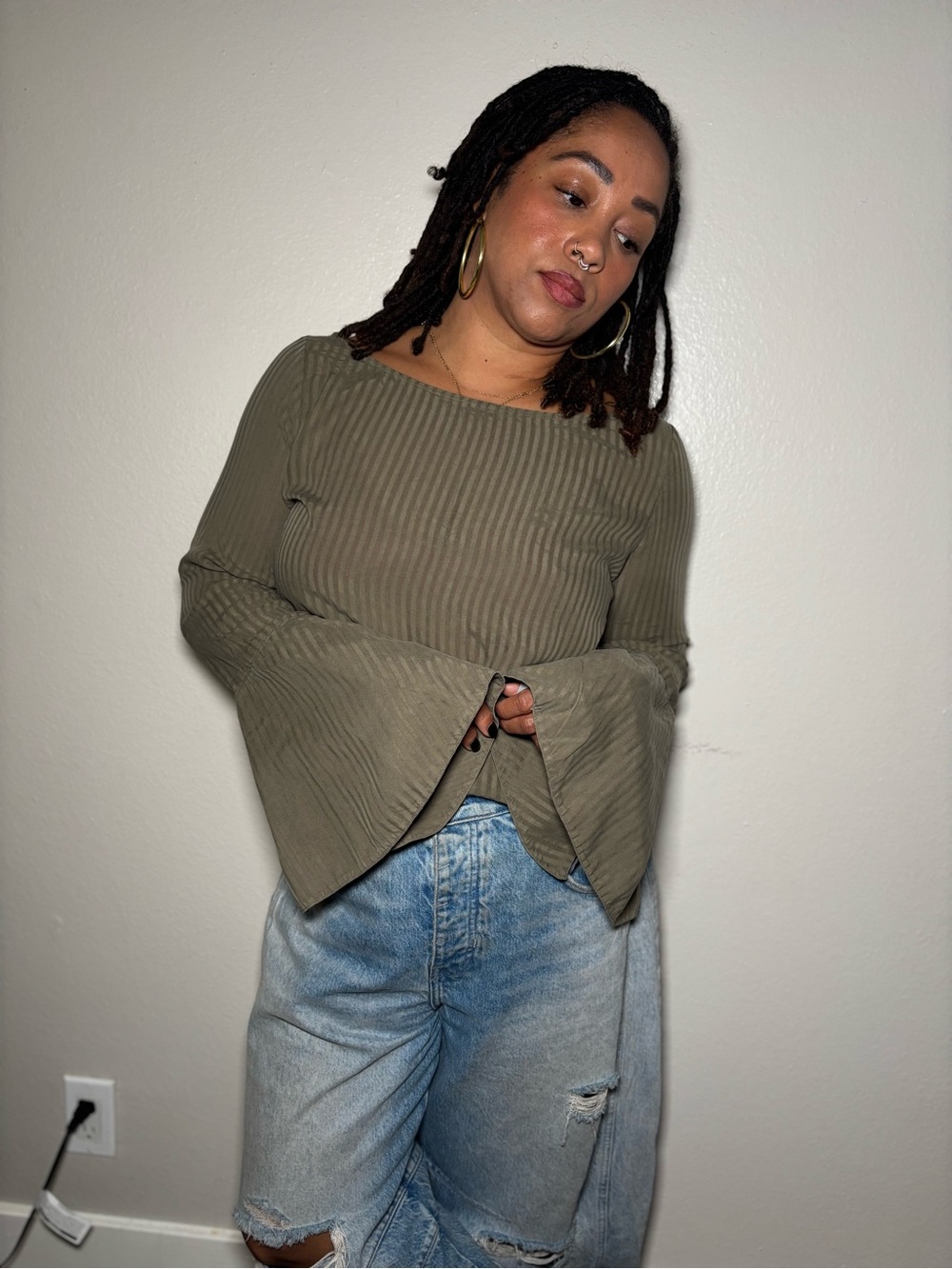 cloth & stone Olive Ribbed Bell-Sleeve Long Sleeve Top